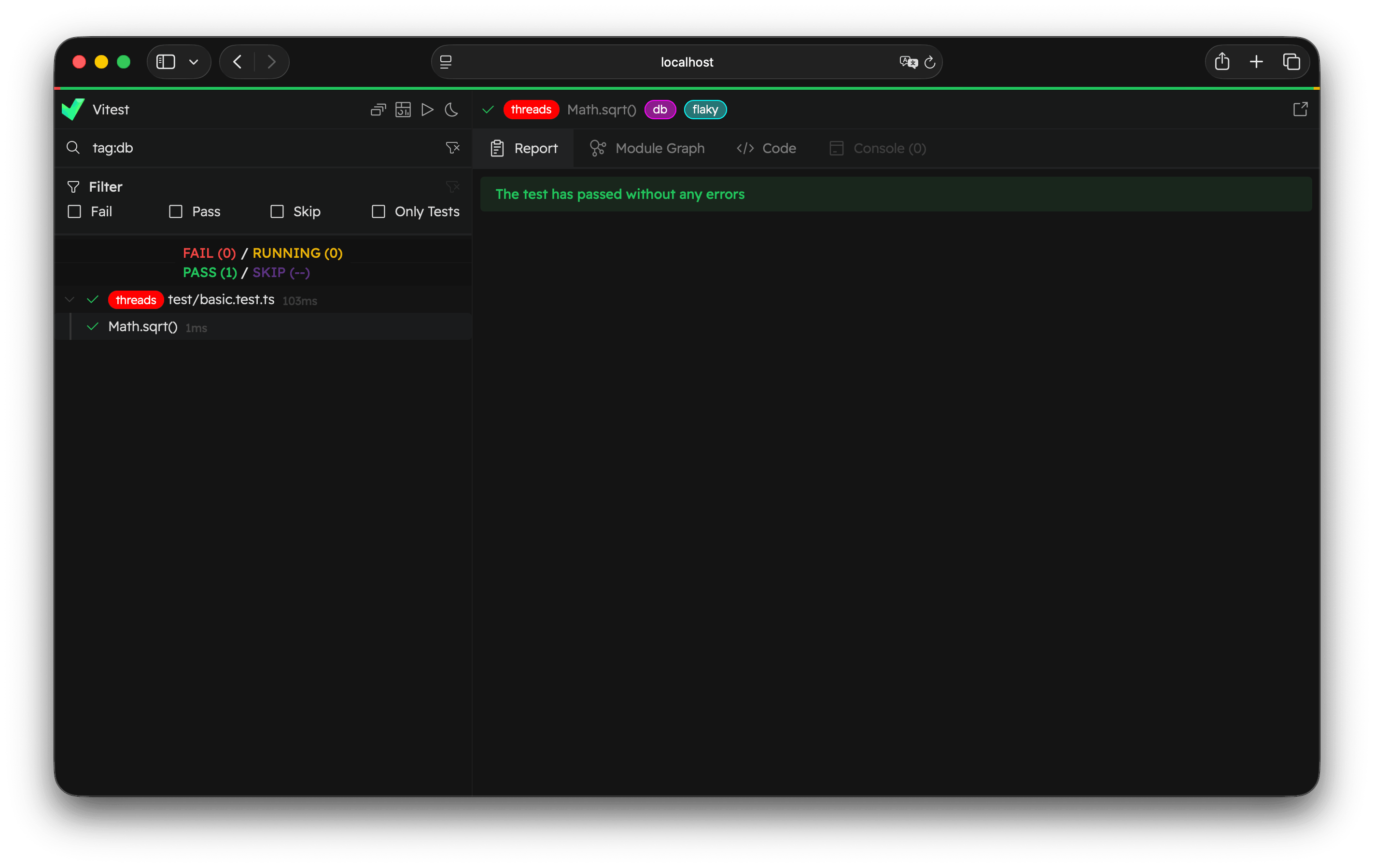 The tags filter in Vitest UI