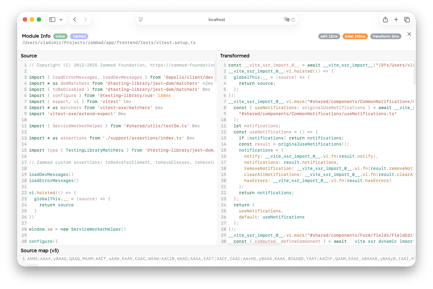 The module info view for an inlined module